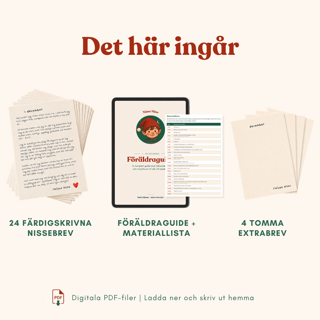 24 digitala nissebrev, digital föräldraguide med materiallista och fyra tomma extrabrev