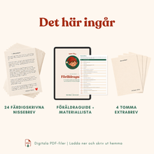 24 digitala nissebrev, digital föräldraguide med materiallista och fyra tomma extrabrev