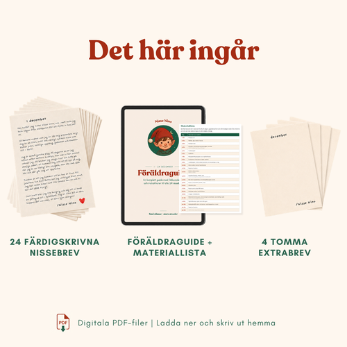 24 digitala nissebrev, digital föräldraguide med materiallista och fyra tomma extrabrev