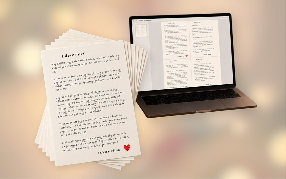 Digital PDF med 24 nissebrev på en dator bredvid utskrivna brev i A6-format