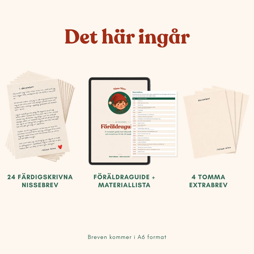 24 fysiska nissebrev, digital föräldraguide med materiallista och fyra tomma extrabrev