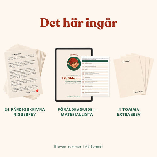 24 fysiska nissebrev, digital föräldraguide med materiallista och fyra tomma extrabrev