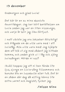 Exempel på ett handskrivet nissebrev från Nisse Nino för luciadagen den 13 december