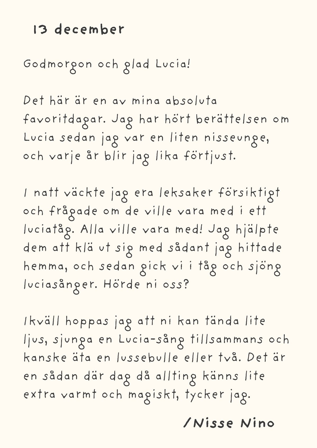 Exempel på ett handskrivet nissebrev från Nisse Nino för luciadagen den 13 december